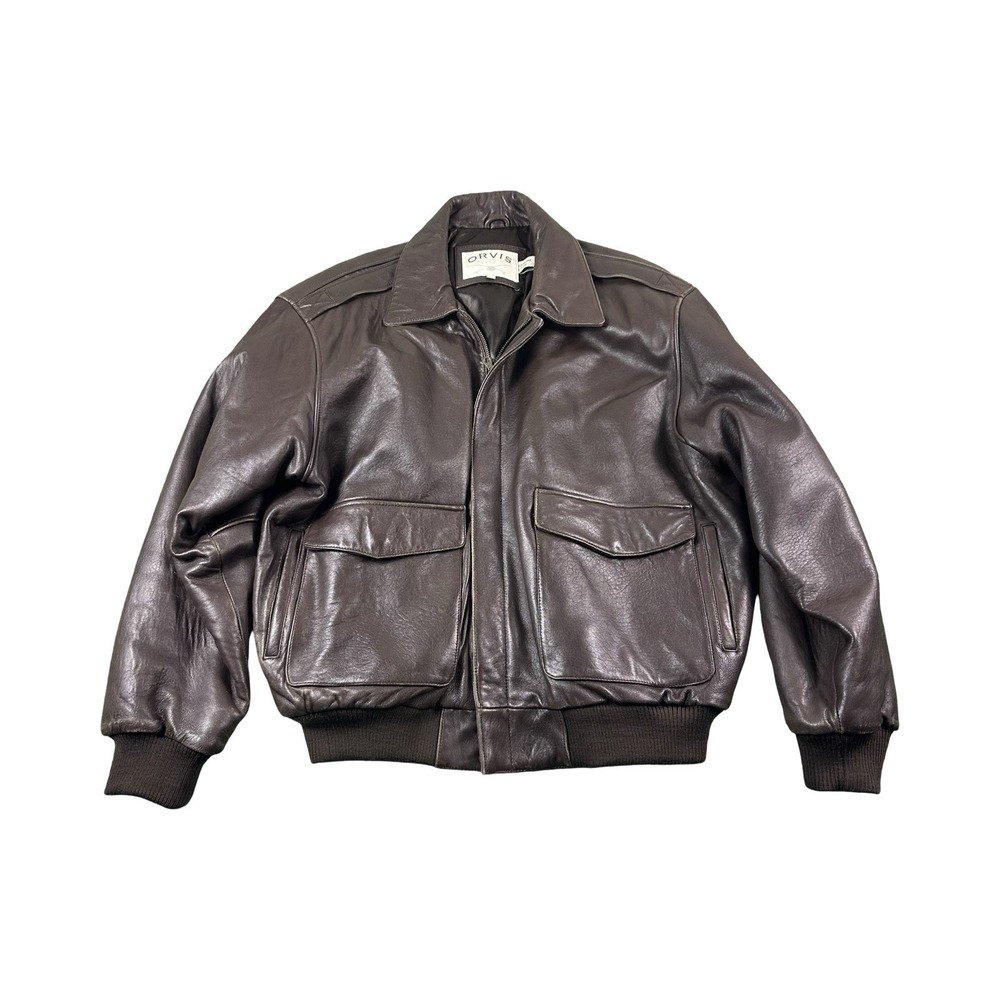 Orvis Brown Genuine Lamb Leather Full Zip Mens Bomber Jacket Size L